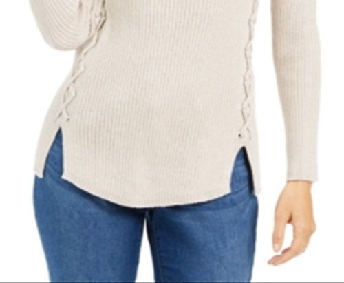 Style & Co Women's Mock Neck Lace up Ribbed Knit Sweater Brown Size Medium