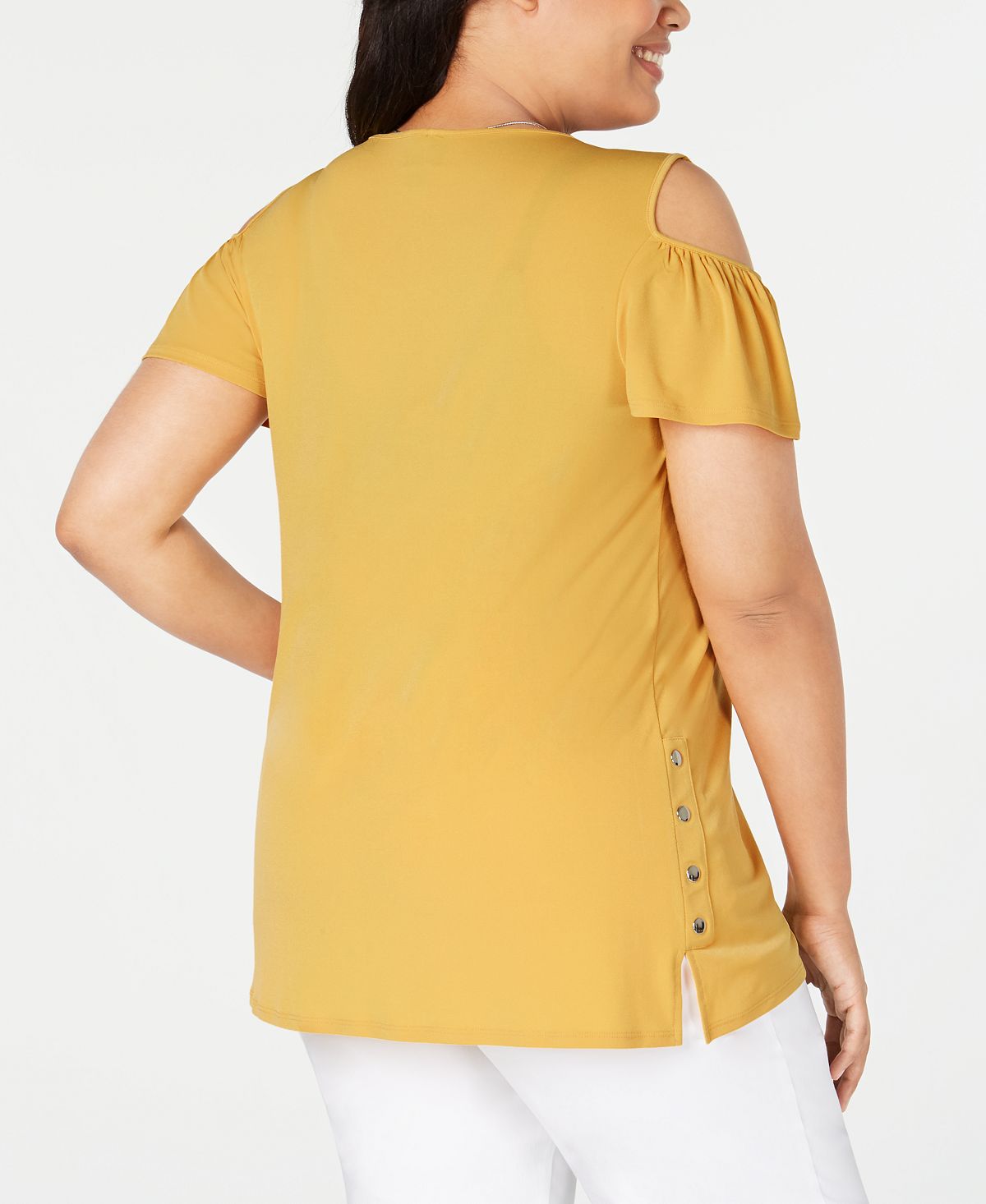 JM Collection Women's Plus Flutter Sleeve Cold-Shoulder Necklace Top Yellow Size 3X