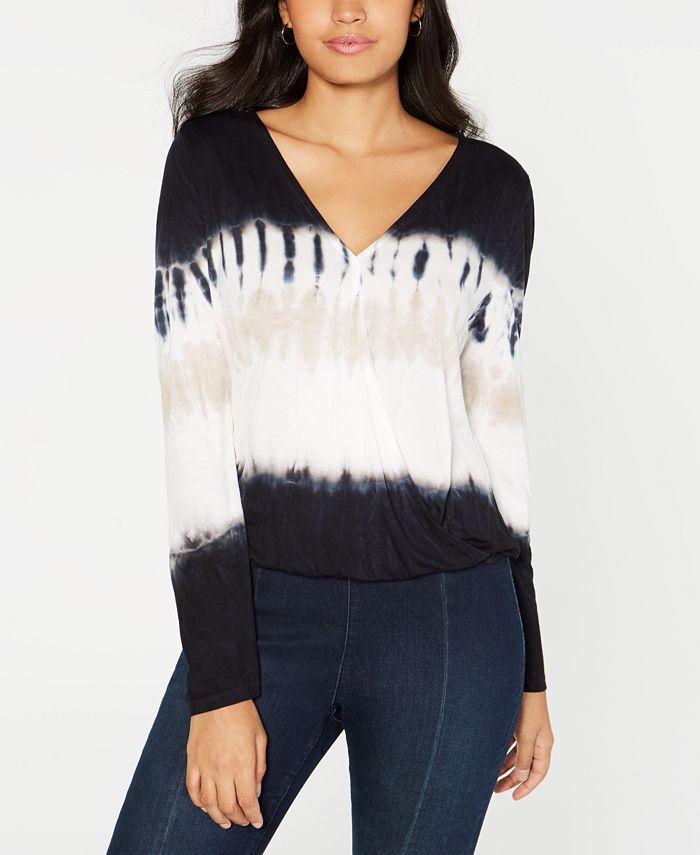 INC International Concepts Women's Tie Dye Surplice Top Black Size Petite S/M