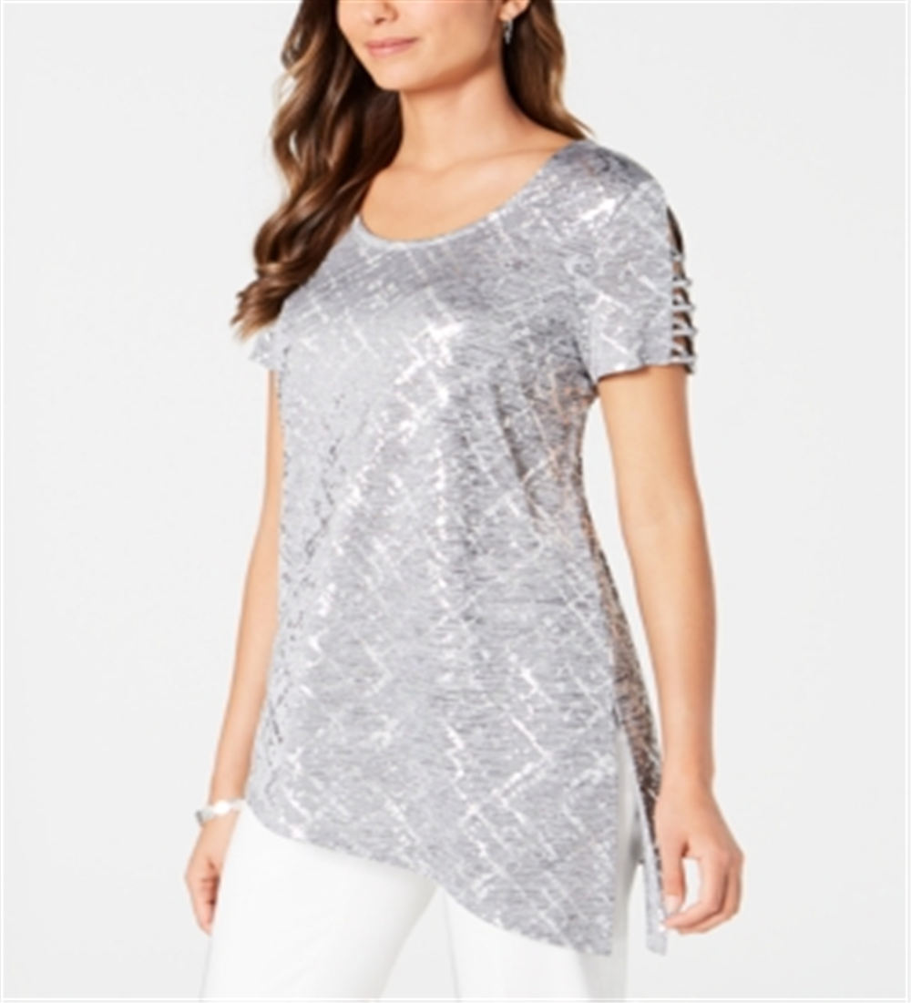 JM Collection Women's Asymmetrical Lattice Sleeve Tunic Gray Size Medium