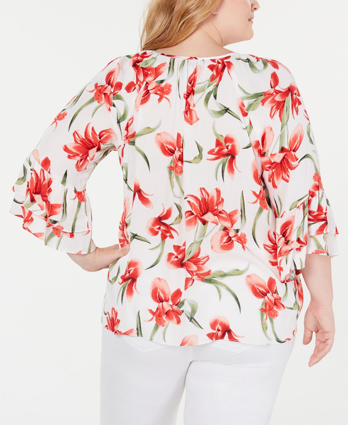 JM Collection Women's Plus Floral Print Tie-Hem Top White Size 1X