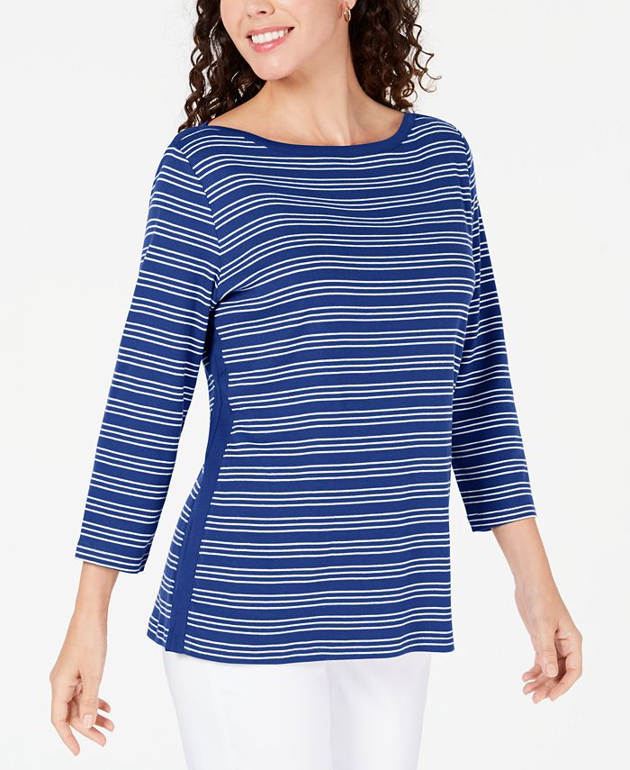 Karen Scott Women's Cotton Striped Vented Hem Top Blue Size Small