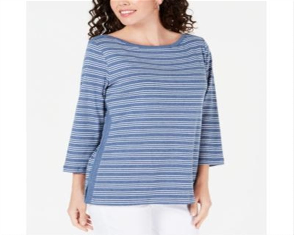 Karen Scott Women's Cotton Striped Vented Hem Top Blue Size XX-Large