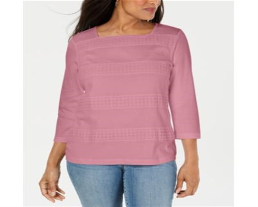 Karen Scott Women's Square Neck Lace-Stripe Top Pink Size X-Small