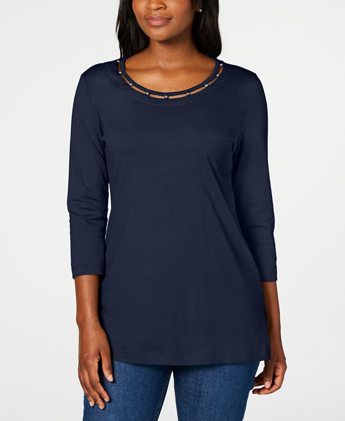 Karen Scott Women's Beaded Top Blue Size Medium