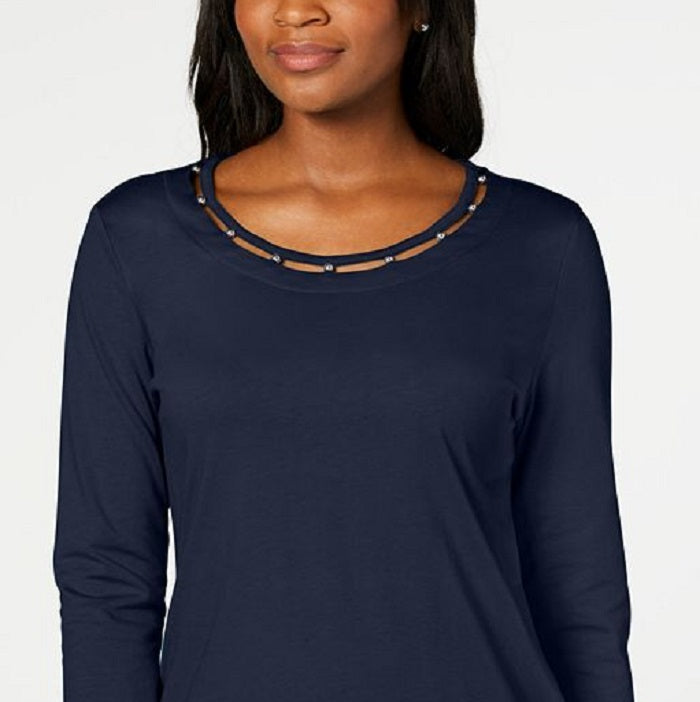 Karen Scott Women's Beaded Top Blue Size Medium