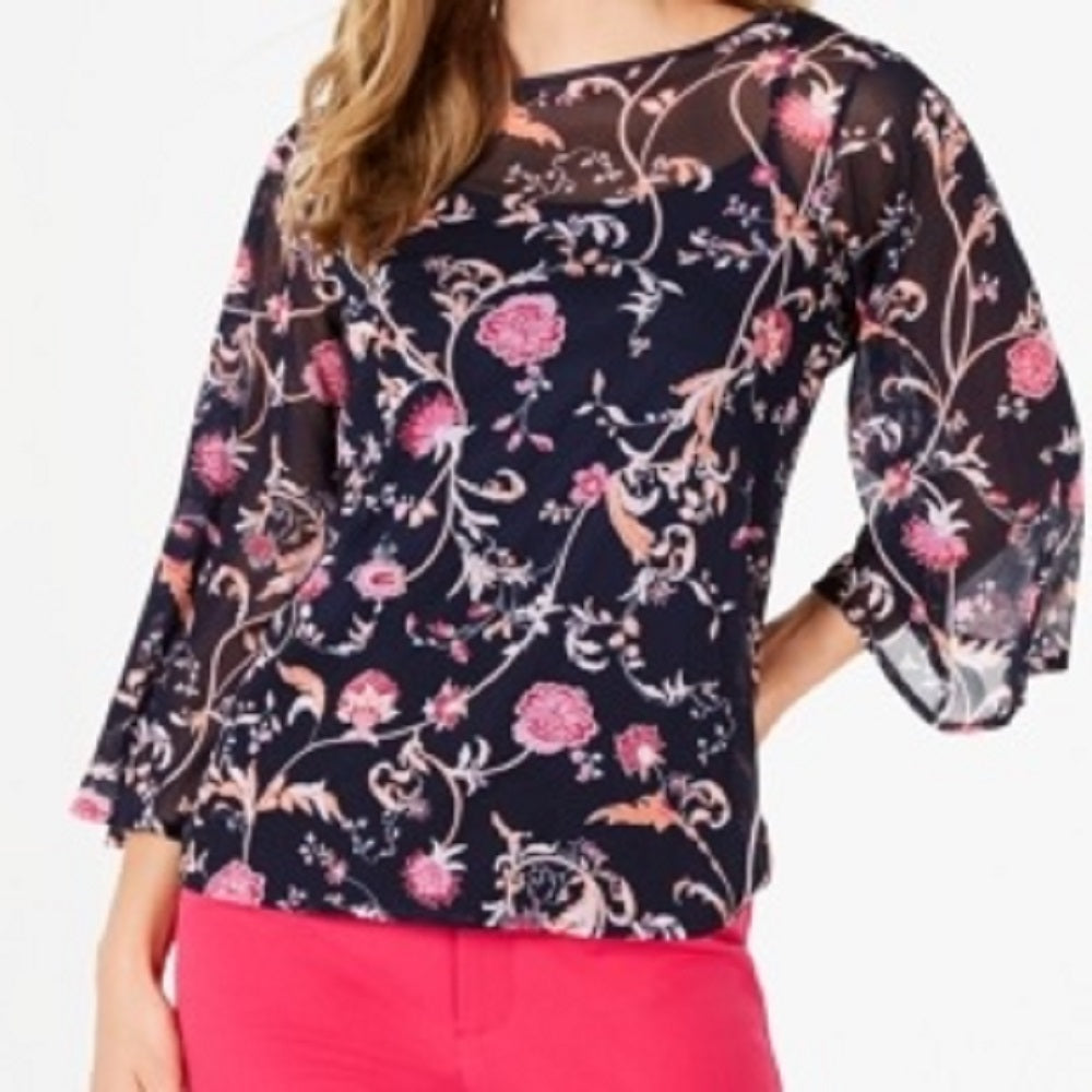 Charter Club Women's Bell Sleeve Printed Top Blue Size Petite