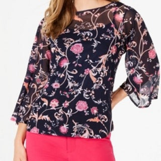 Charter Club Women's Bell Sleeve Printed Top Blue Size Petite