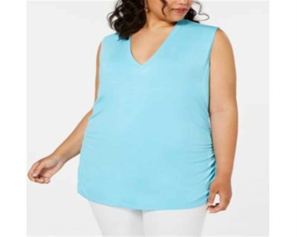 INC International Concepts Women's Plus Ruched V Neck Tank Top Blue Size 1X