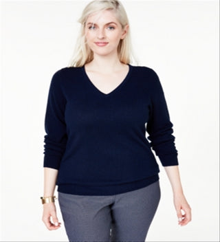 Charter Club Women's Plus V Neck Cashmere Sweater Blue Size 3X