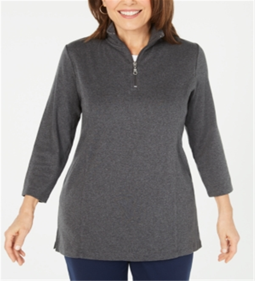 Karen Scott Women's Cotton Half Zip Mock Neck Top Gray Size Medium