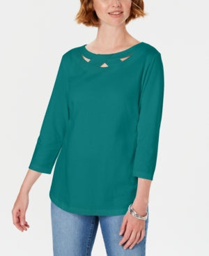 Karen Scott Women's Peacock Teal 3/4-Sleeve Cutout Top Size Small