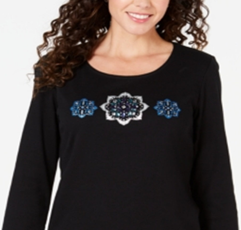 Karen Scott Women's Rhinestone Embellished Cotton Top Black Size Petite Medium