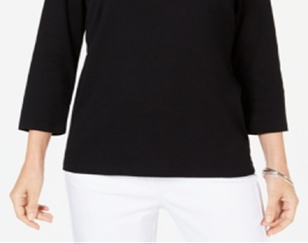 Karen Scott Women's Rhinestone Embellished Cotton Top Black Size Petite Medium