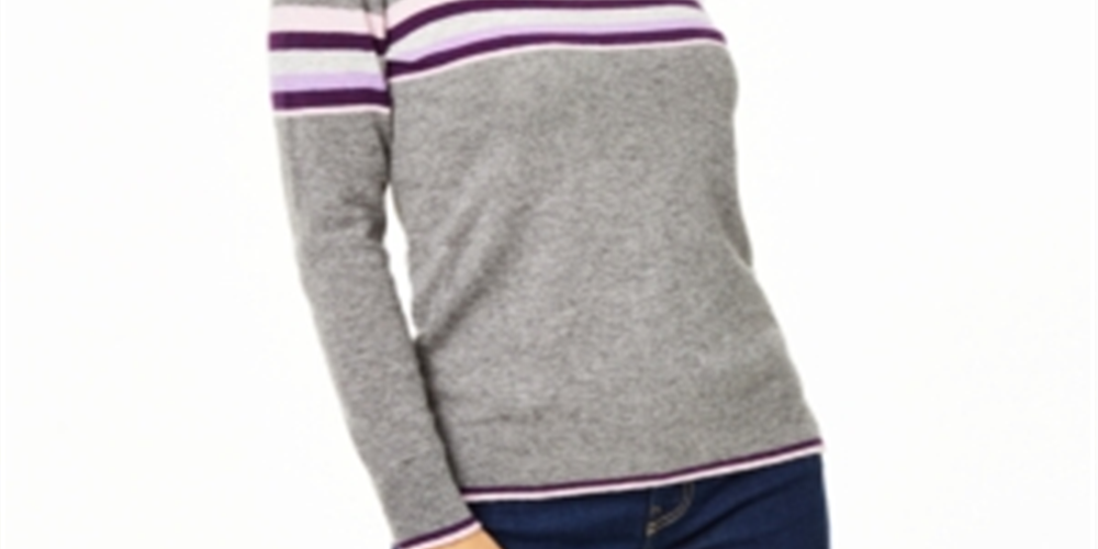 Charter Club Women's Striped Cashmere Sweater Gray Size Medium