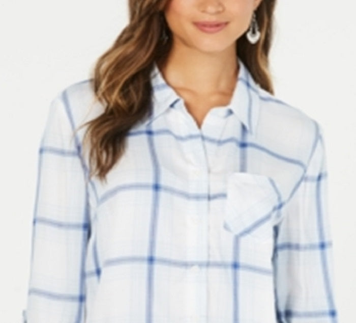 Style & Co Women's Cotton Tab Sleeve Plaid Shirt Blue Size Petite M