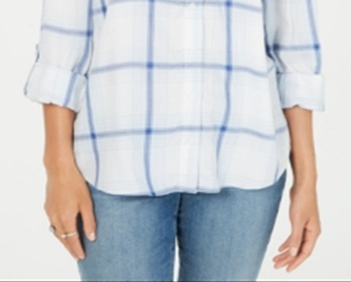 Style & Co Women's Cotton Tab Sleeve Plaid Shirt Blue Size Petite M