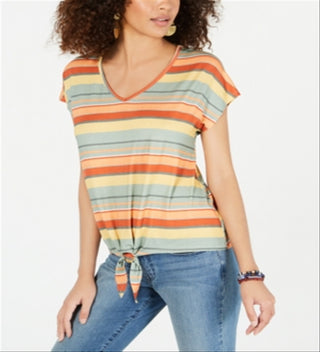 Style & Co Women's Striped Tie Front T-Shirt Coral Size XL