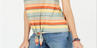 Style & Co Women's Striped Tie Front T-Shirt Coral Size XL