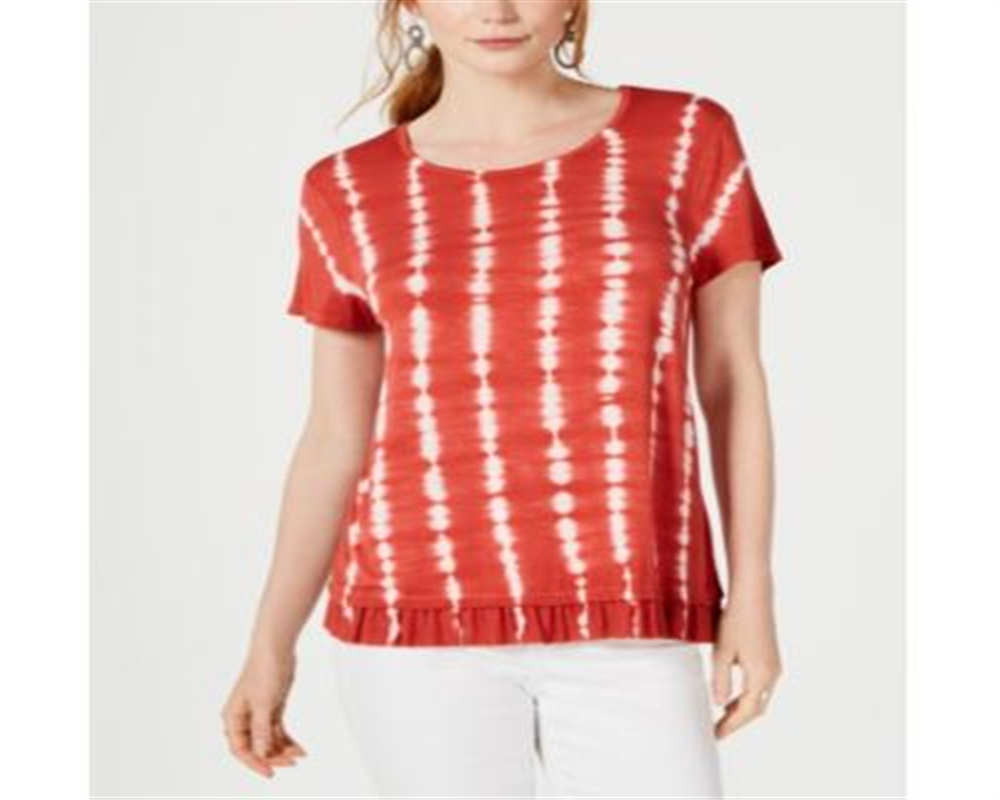 Style & Co Women's Tie Dye Ruffle Hem Top Stripe Dye Orange Size Petite X-Small