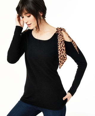 Charter Club Women's Cashmere Cold Shoulder Contrast Tie Sweater Black Size Petite L
