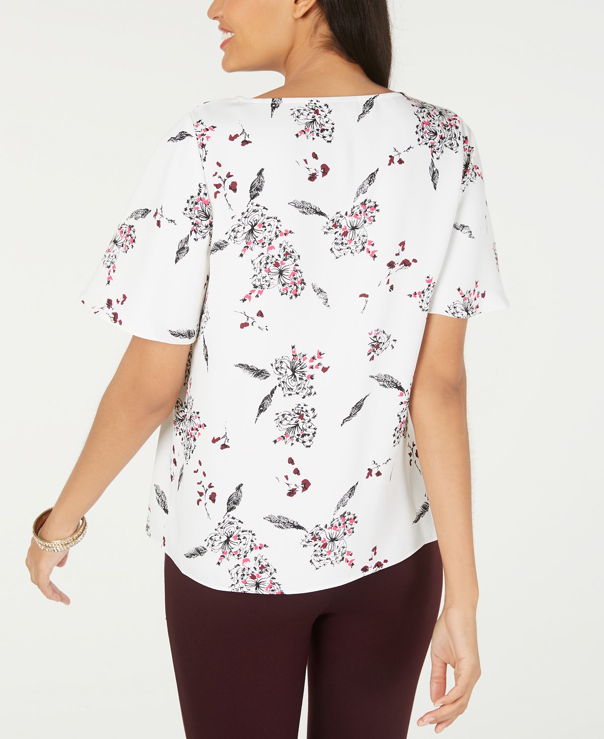 Alfani Women's Printed Ruffle Trim Top White Size Petite