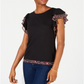 Maison Jules Women's Printed Trim Flutter Sleeve Top Black Size X-Small