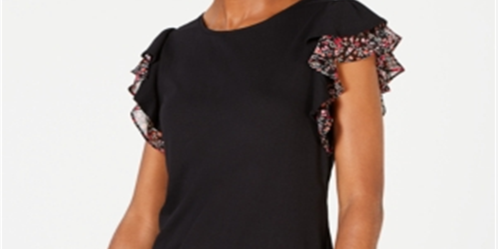 Maison Jules Women's Printed Trim Flutter Sleeve Top Black Size X-Small