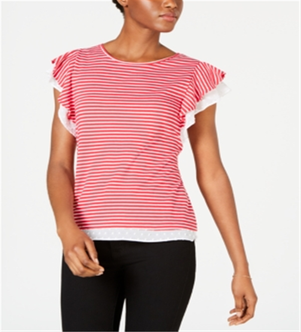 Maison Jules Women's Flutter Sleeve Striped Top Red Size Large