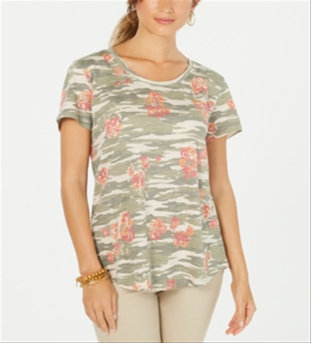 Style & Co Women's Cotton Printed Scoop Neck Top Green Size Medium