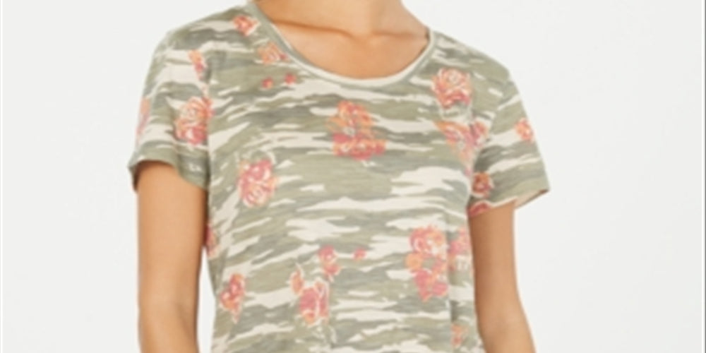 Style & Co Women's Cotton Printed Scoop Neck Top Green Size Medium