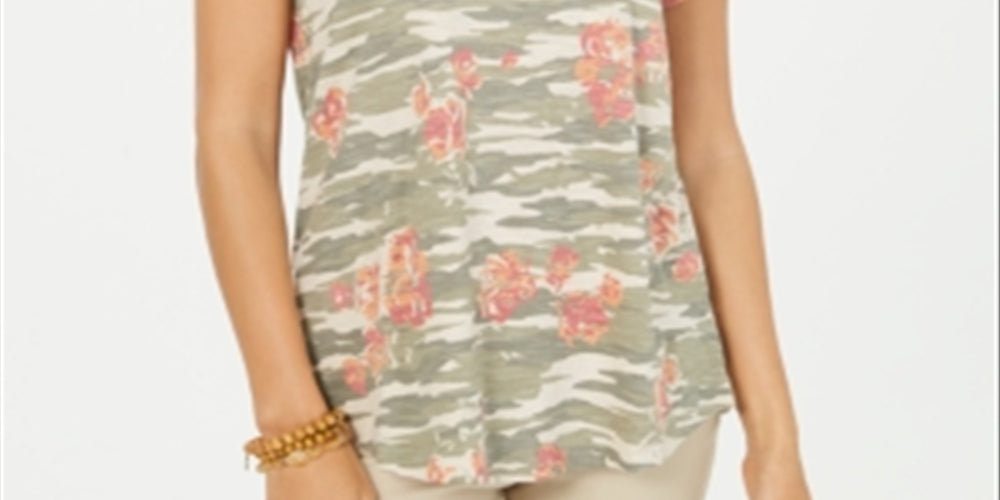 Style & Co Women's Cotton Printed Scoop Neck Top Green Size Medium