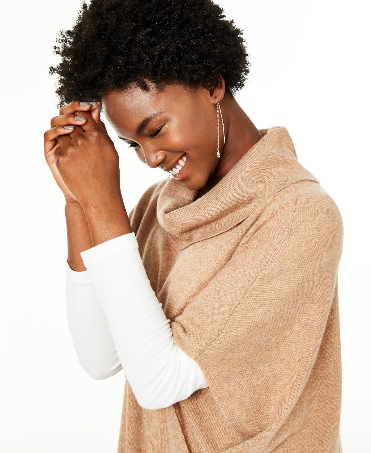 Charter Club Women's Cashmere Cowl Neck Poncho Brown Size -S/M