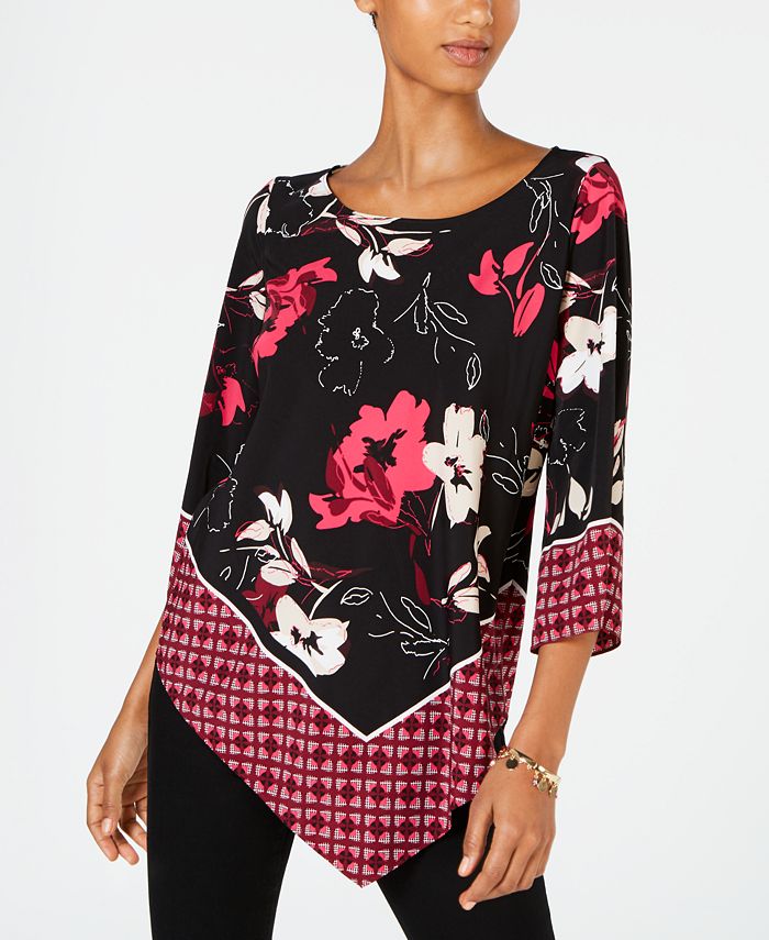 Alfani Women's Tunic Floral Print V Hem Blouse Black Size Large