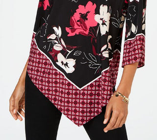 Alfani Women's Tunic Floral Print V Hem Blouse Black Size Large