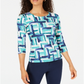 JM Collection Women's Printed Jacquard Top Blue Size Petite Large
