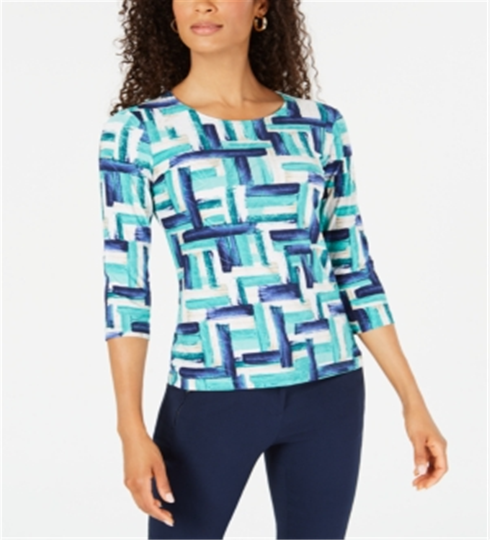 JM Collection Women's Printed Jacquard Top Blue Size Petite Large
