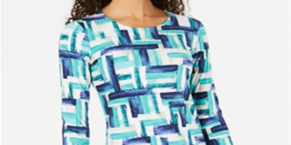 JM Collection Women's Printed Jacquard Top Blue Size Petite Large