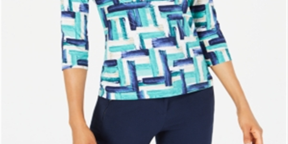 JM Collection Women's Printed Jacquard Top Blue Size Petite Large