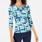 JM Collection Women's Printed Jacquard Top Blue Size Petite X-Large
