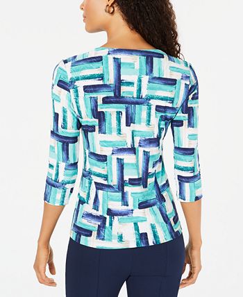 JM Collection Women's Printed Jacquard Top Blue Size Petite X-Large