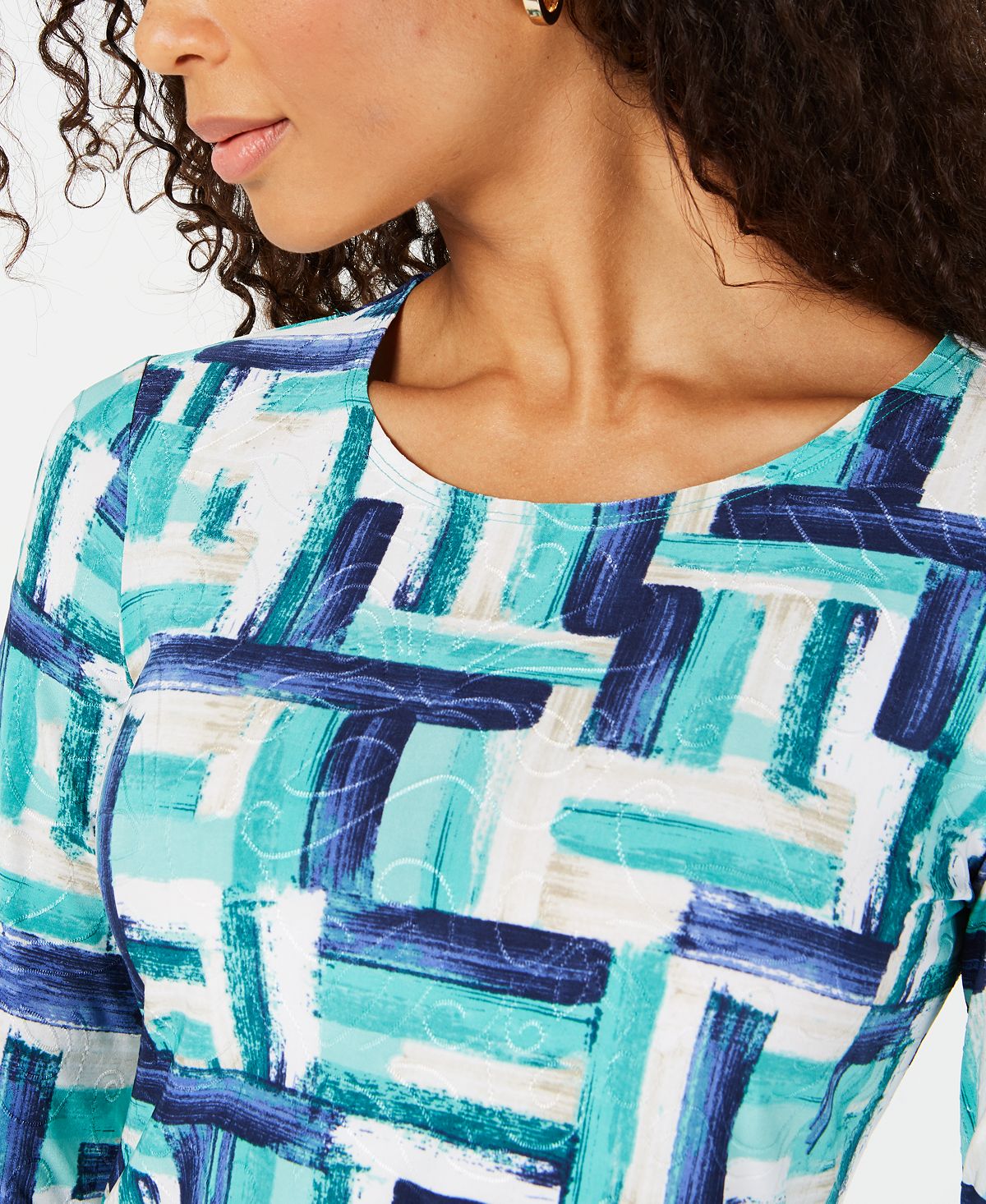 JM Collection Women's Printed Jacquard Top Blue Size Petite X-Large