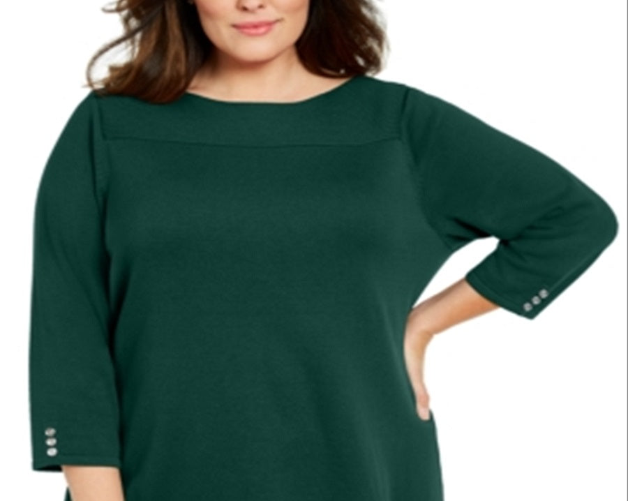 Karen Scott Women's Plus Ribbed Ballet Neck Cotton Sweater Green Size 0X