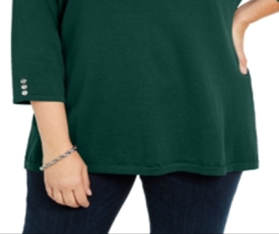 Karen Scott Women's Plus Ribbed Ballet Neck Cotton Sweater Green Size 0X