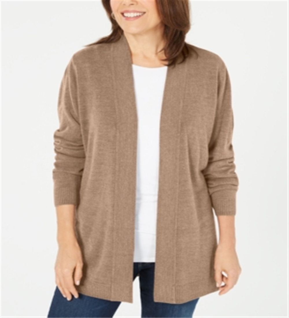 Karen Scott Women's Open Front Long Sleeve Cardigan Brown Size Small