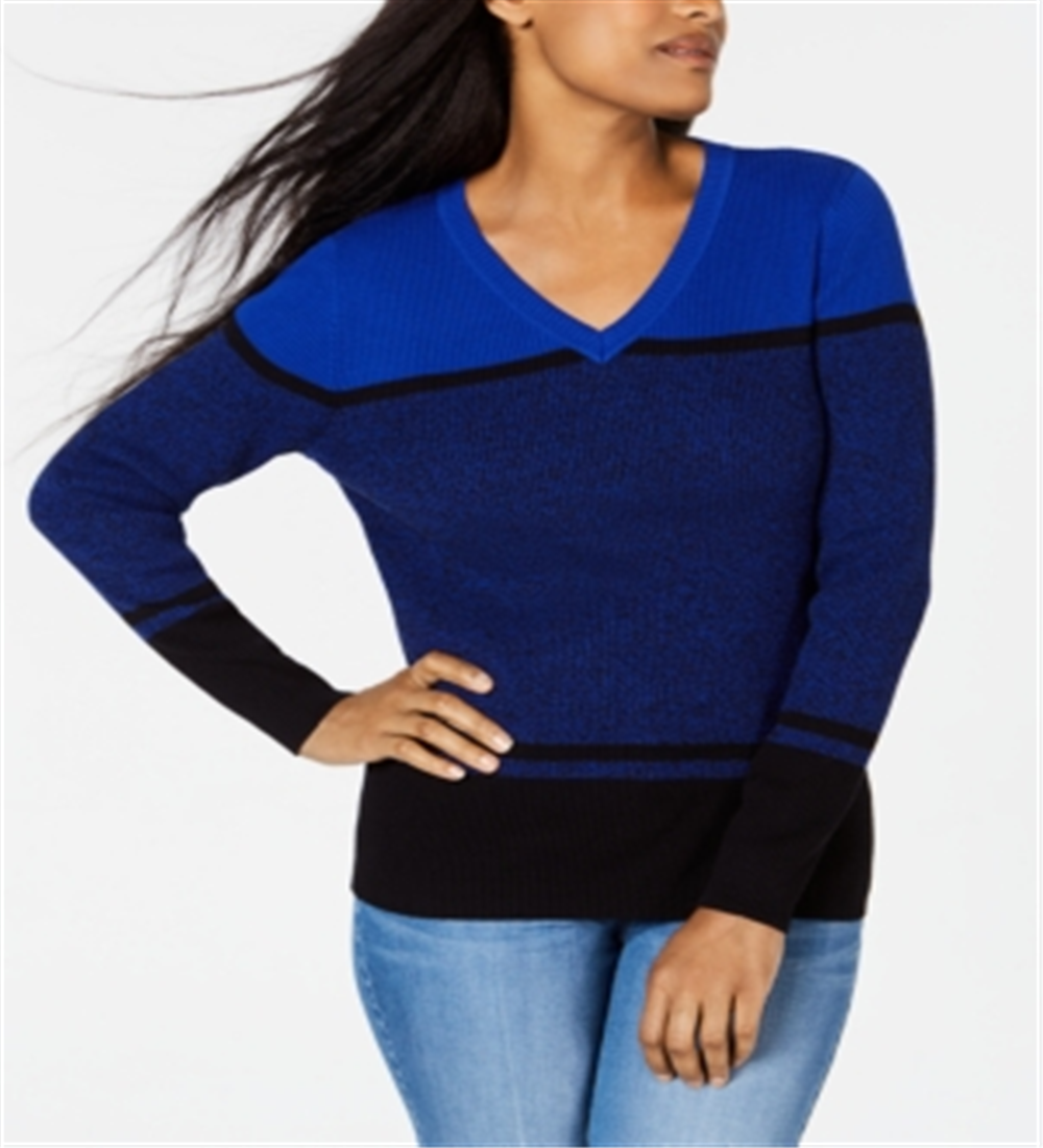 Karen Scott Women's Striped V Neck Cotton Sweater Blue Size X-Large
