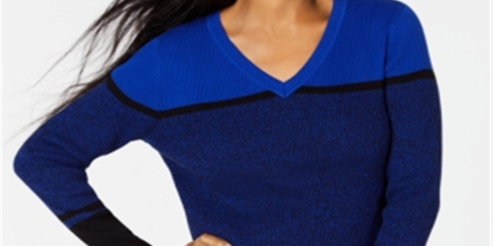 Karen Scott Women's Striped V Neck Cotton Sweater Blue Size X-Large