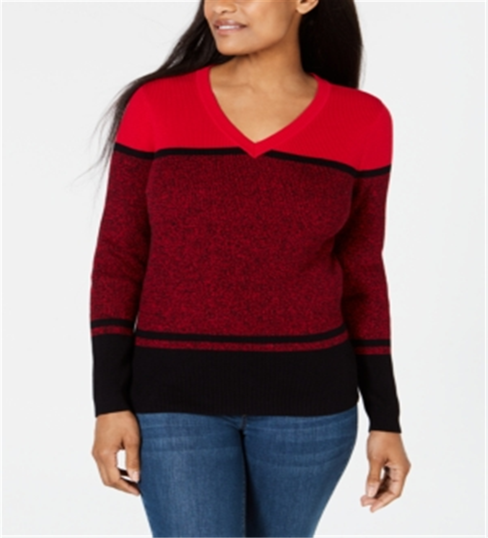 Karen Scott Women's Striped V Neck Cotton Sweater Red Size X-Small