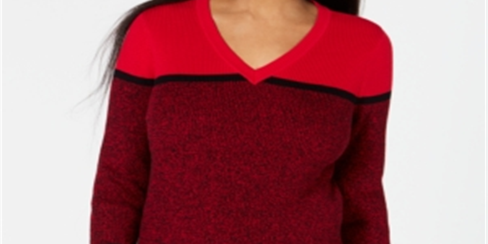 Karen Scott Women's Striped V Neck Cotton Sweater Red Size X-Small