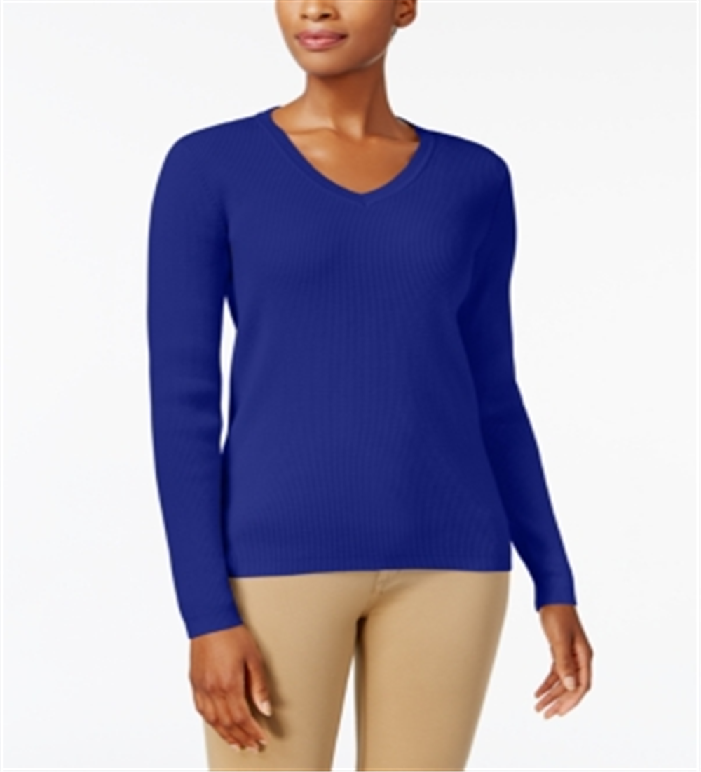 Karen Scott Women's Cotton V Neck Sweater Blue Size Large